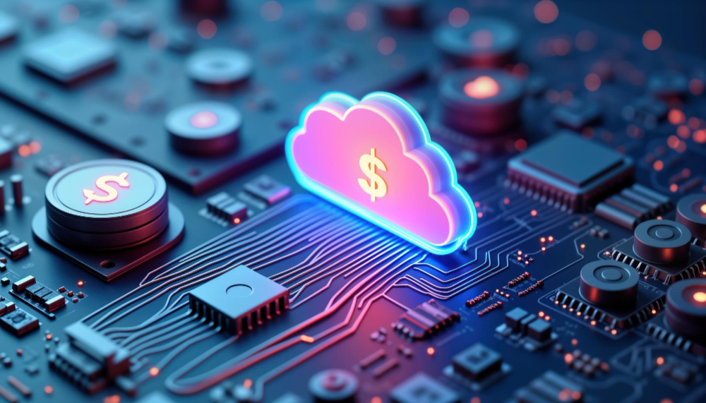 A glowing dollar-sign cloud icon rendered above a circuit board, representing cloud spend