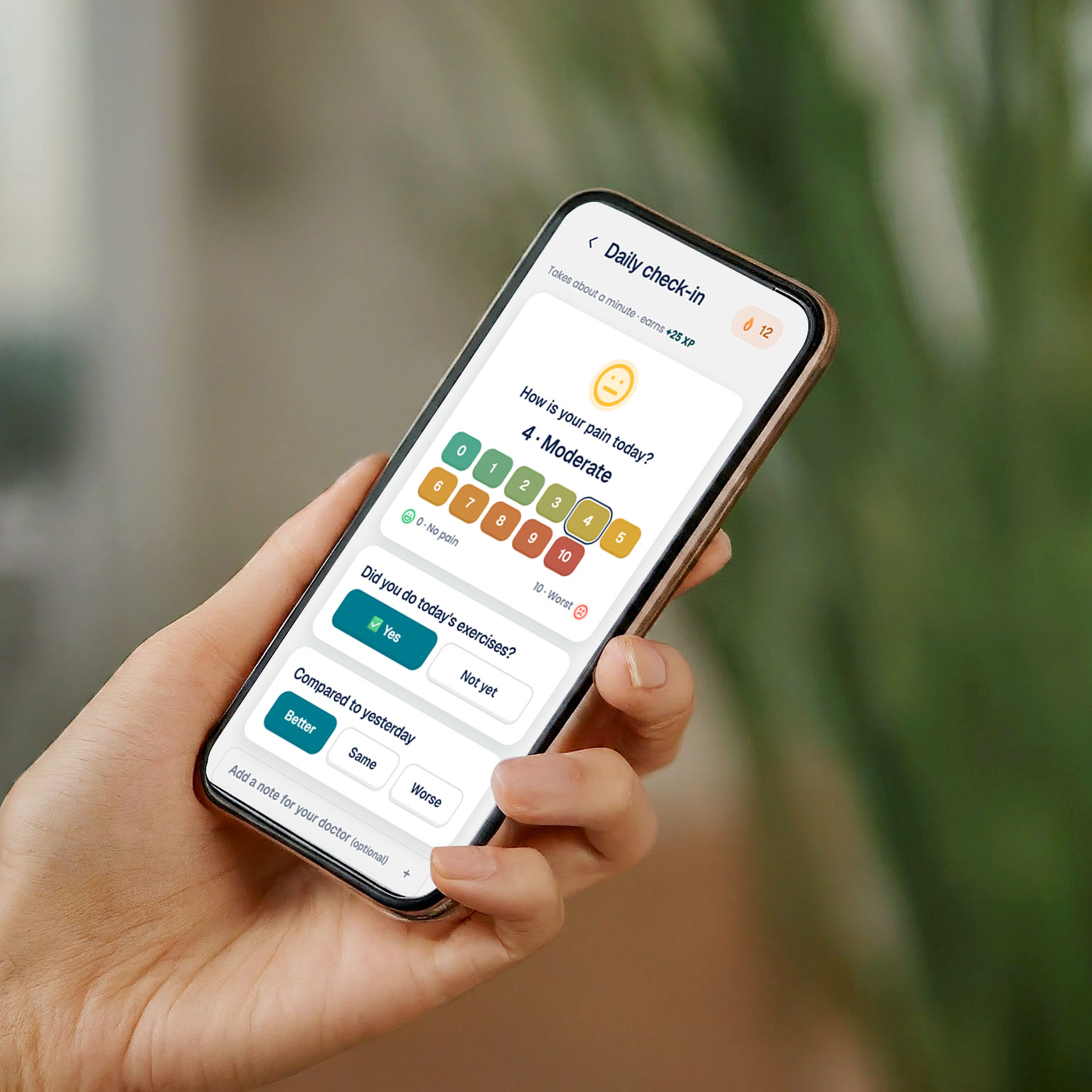 A hand holding a phone showing a daily check-in screen with a pain-level scale