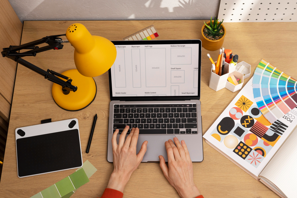 An overhead view of a designer's laptop and desk with colour swatches and a drawing tablet