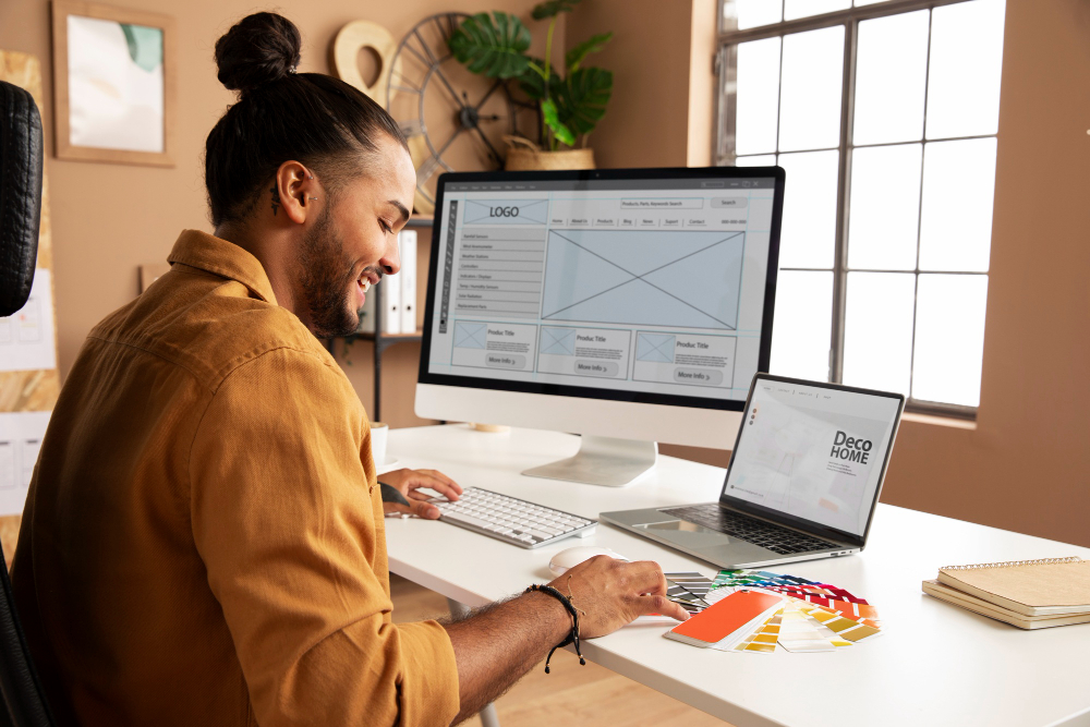 A designer working on wireframes across a desktop monitor and laptop