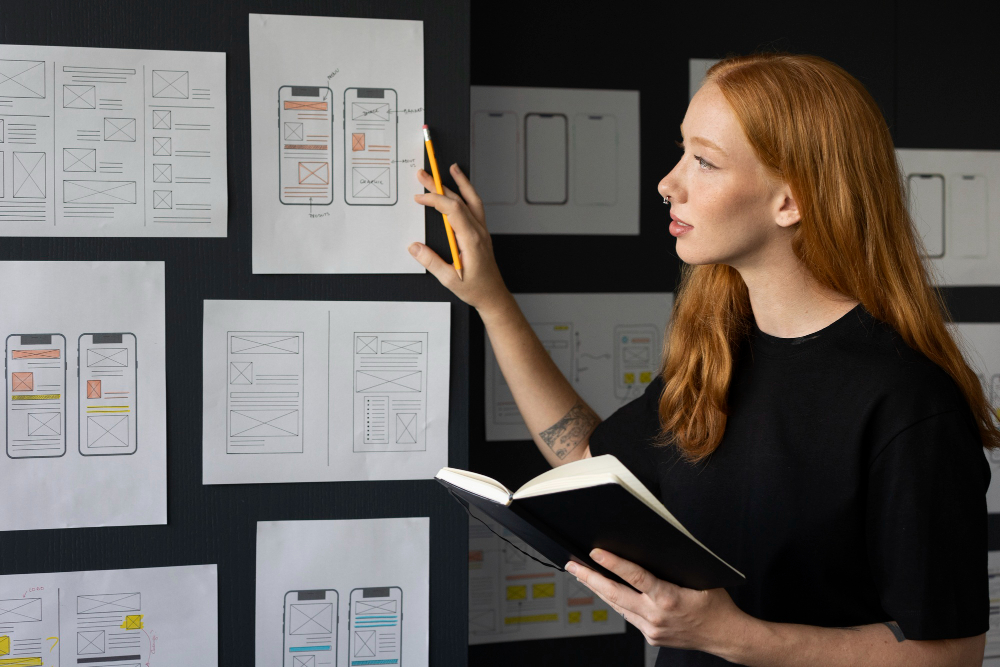 A designer reviewing hand-drawn wireframes pinned to a wall