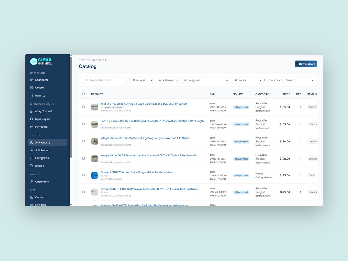 The admin product catalog: surgical instruments listed with their eBay SKUs, an eBay synced source tag on every row, category, price, quantity and status