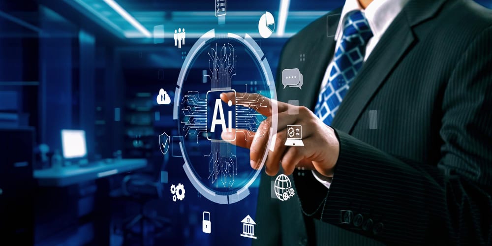 A hand reaching into an illustrated AI interface