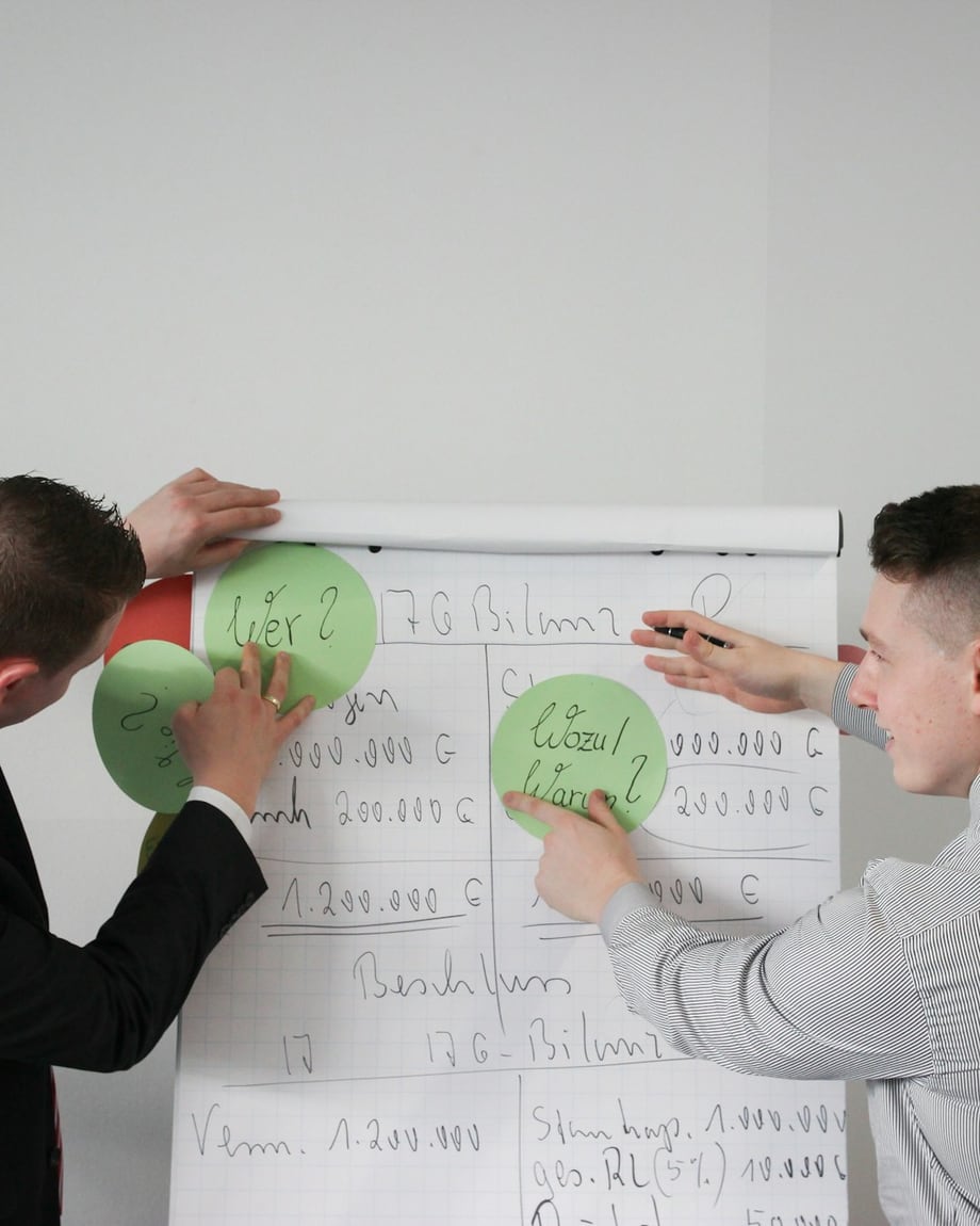 Two men placing green markers against figures written on a flip chart