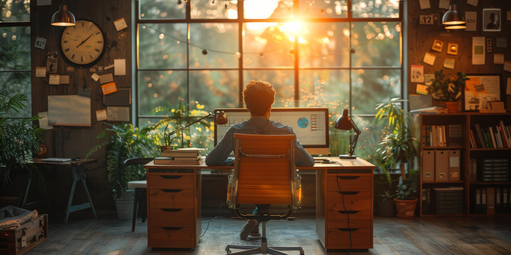 A person at a wooden desk facing a large window at sunrise, a chart on the monitor in front of them