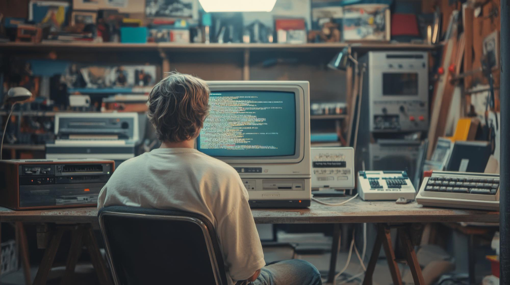 Someone seated at an old CRT terminal amid vintage computing equipment