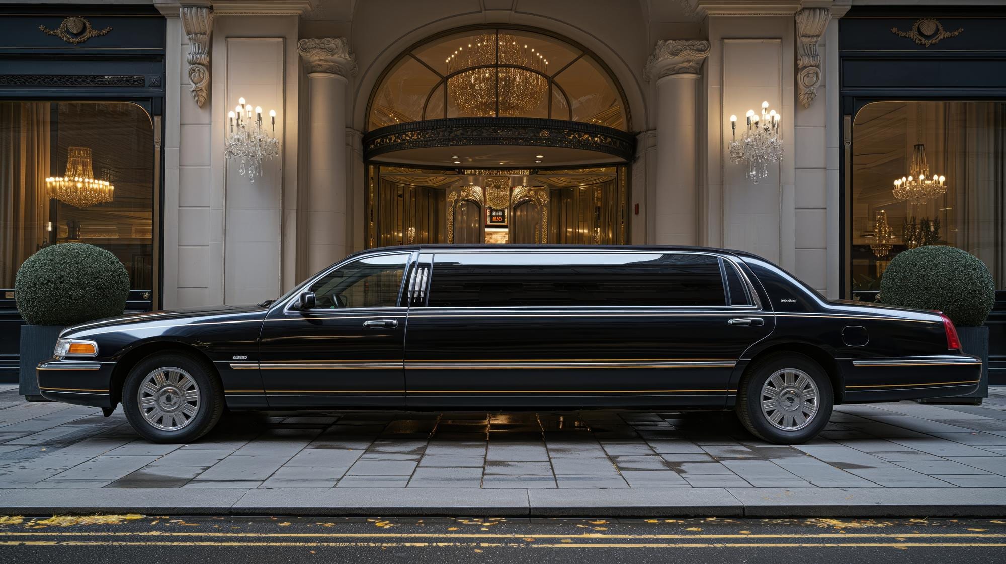 A stretch limousine parked outside a hotel entrance