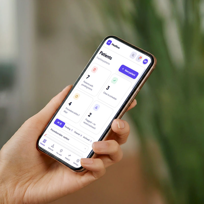 A hand holding a phone showing the Medflow patients list, with pending items and clear-to-schedule counts