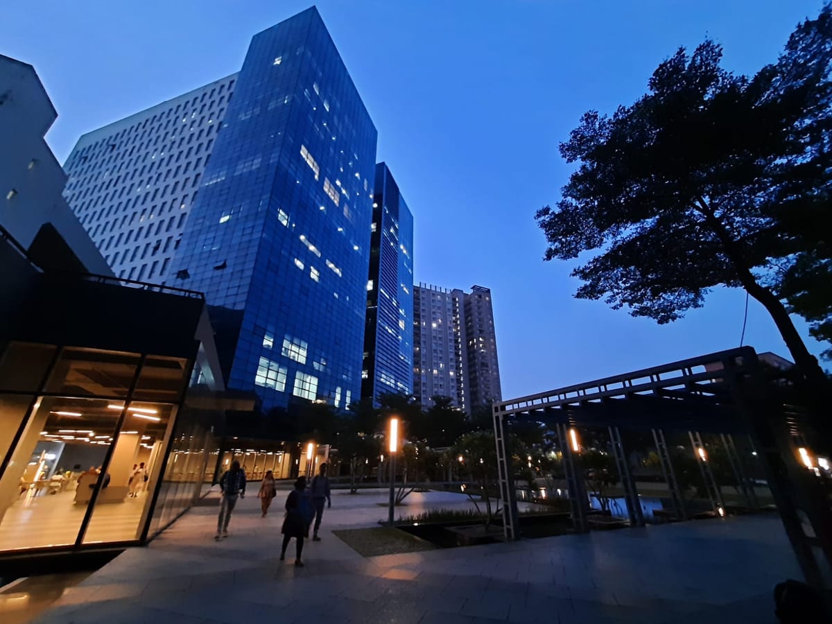 The office campus at dusk