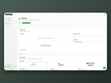 Report branding settings: company logo, logo width and position, and the cover page layouts