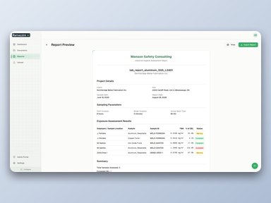 The generated report preview, showing project details, sampling parameters and the exposure assessment table