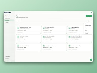 The reports list, with the filter panel open on report type and status