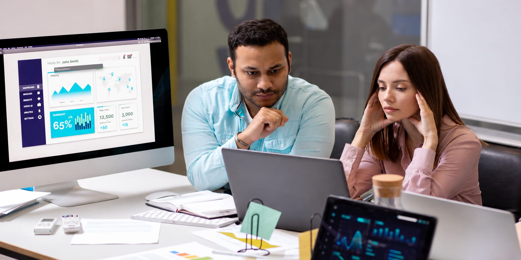 Two software professionals reviewing an enterprise application