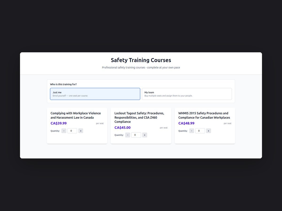 The course-selection screen: a choice between buying for yourself or for a team, above three courses with per-seat prices and quantity steppers