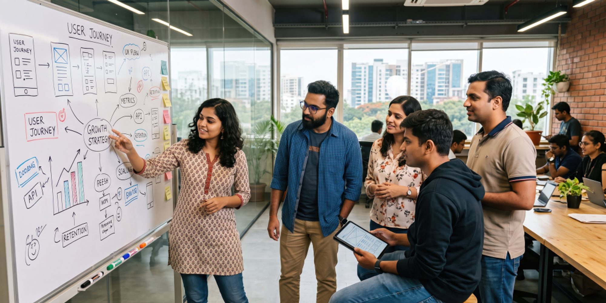 A team discussing a user journey map on a whiteboard